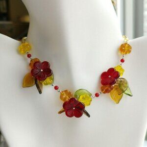 VINTAGE Czech Art Glass beaded necklace in red, yellow